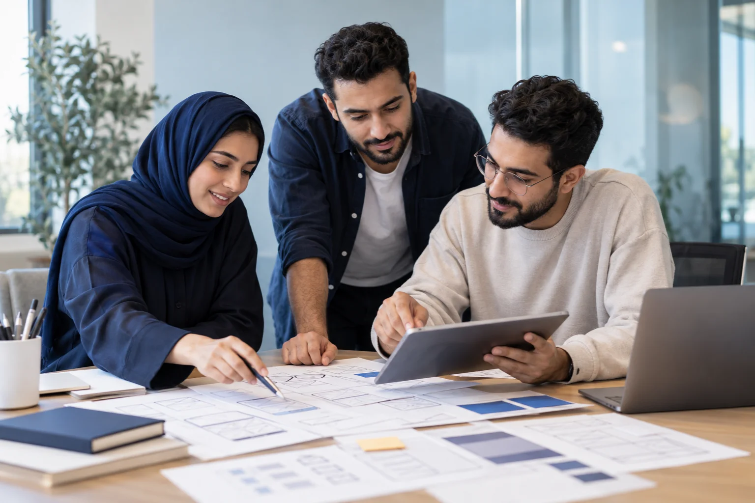 مشهد تعبيري للتعاون في تخطيط وتصميم منتج رقمي